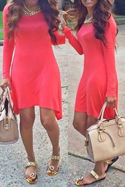 Fashion O Neck Long Sleeves Red Polyester A Line Mini Womens Dress