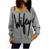 Casual Long Sleeves Letters Print Grey Cotton Blen