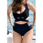 Sexy Solid Black Cut-out Two-piece Swimwear