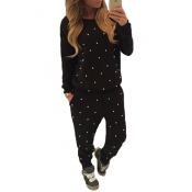 Casual O Neck Long Sleeves Beaded Solid Black Blen