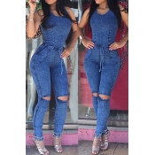 Trendy Round Neck Sleeveless Broken Hole Blue Deni