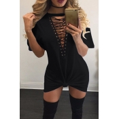 Sexy Deep V Neck Half Sleeves Hollow-out Black Pol