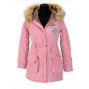 Stylish Fur Collar Long Sleeves Drawstring Pink Co