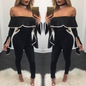 Sexy Strapless Long Sleeves Falbala Design Black T