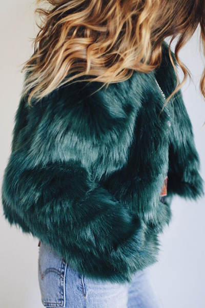 Trendy Round Neck Long Sleeves Fur Design Green Coat
