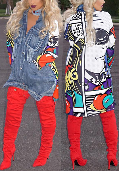 Lovely Trendy Turndown Collar Long Sleeves Printed Patchwork Blue Denim Coat