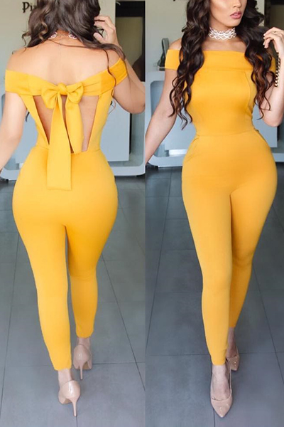 Sexy Halter V Neck Short Sleeves Backless Yellow Twilled One-piece Jumpsuits