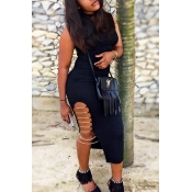 Sexy Round Neck Sleeveless Backless Black Qmilch A