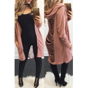 Leisure Hooded Collar Long Sleeves Hollow-out Pink