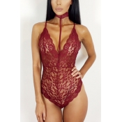 Sexy Halter V Neck Sleeveless See-Through Wine Red