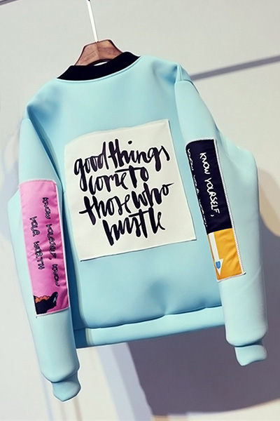 Leisure Round Neck Long Sleeves Printed Blue Cotton Coat