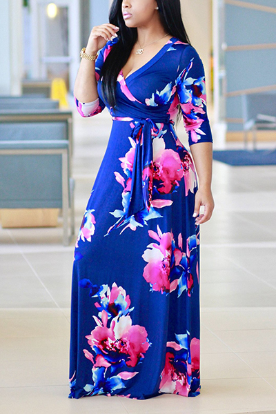 Fashion V Neck Three Quarter Sleeves Floral Print Purplish Blue Healthy Fabric Floor Length Dress