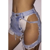 Sexy Mid Waist Broken Holes Blue Denim Shorts