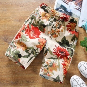 Lovely Casual Floral Printed Beige Cotton Shorts