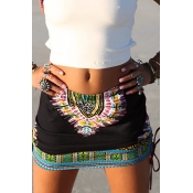 Ethnic Style Elastic Waist Printed Black Cotton Bl