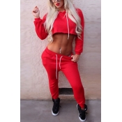 Red Cotton Pants Solid O neck Long Sleeve Sexy Two
