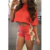 Red Cotton Shorts Solid O neck Short Sleeve Sexy T
