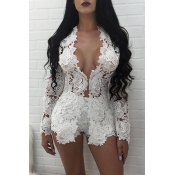 Sexy V Neck Long Sleeves Hollow-out White Lace Two