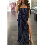 Sexy Backless Striped Blue Polyeste Two-piece Pant
