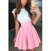 Fashion Round Neck Short Sleeves Patchwork Pink Po
