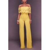 Stylish Dew Shoulder Hollow-out Yellow Twilled One