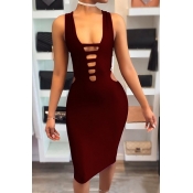 Sexy Round Neck Hollow-out Wine Red Blending Sheat