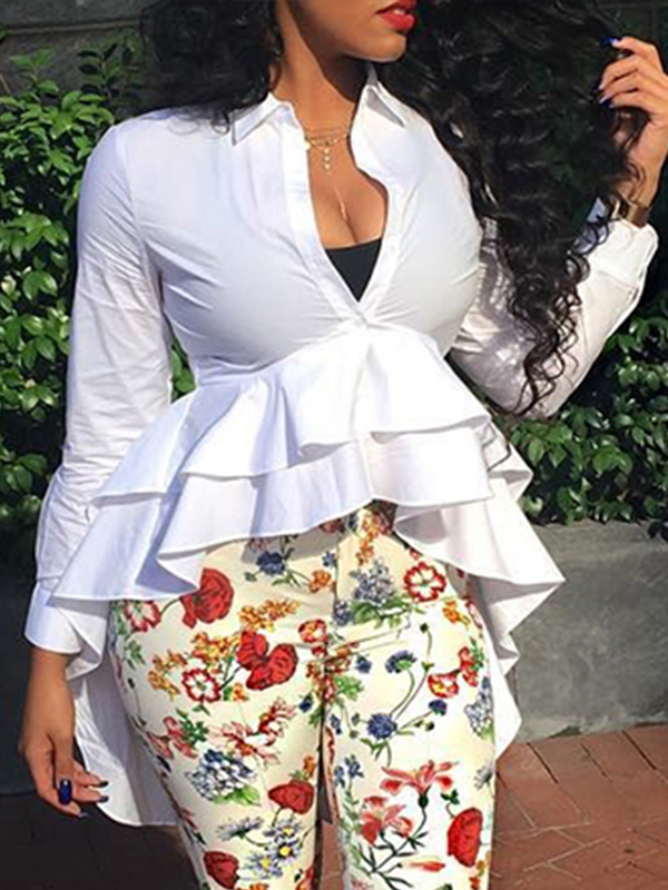 Stylish V Neck Long Sleeves Falbala Design White Polyester Tops