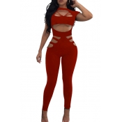 Sexy Round Neck Hollow-out Red Twilled One-piece J