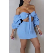 Sexy Dew Shoulder Blue Polyester Two-piece Skirt S