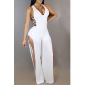 Sexy V Neck Side Hollow-out White Cotton One-piece