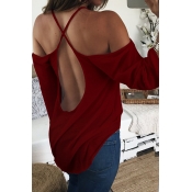 Sexy Round Neck Long Sleeves Hollow-out Wine Red P