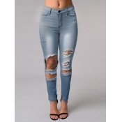 Stylish Broken Holes Light Blue Denim Pants