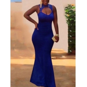 Sexy Round Neck Hollow-out Blue Healthy Fabric She