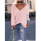 Leisure V Neck Long Sleeves Pink Wool Sweaters