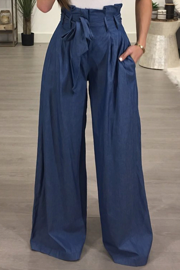 Lovely Stylish High Waist Light Blue Cotton Pants(With Belt)