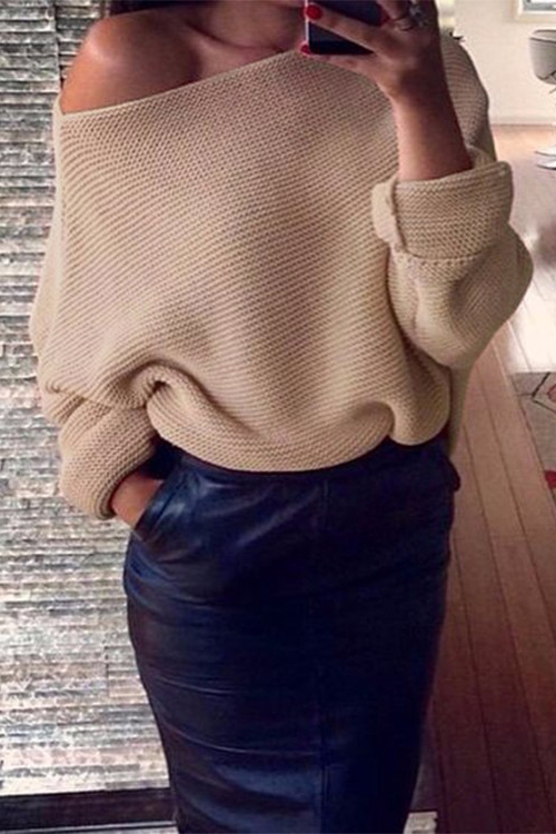 Euramerican Round Neck Long Sleeves Khaki Acrylic Sweaters
