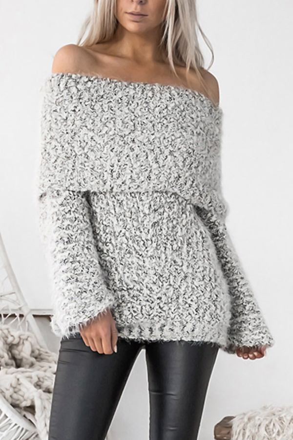 Knitting Bateau Neck Long Sleeve Regular Pullovers Sweaters & Cardigans