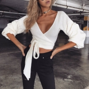 Casual V Neck Long Sleeves Lace-up White Cotton Pu