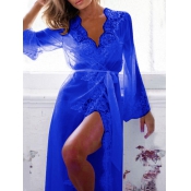 Sexy V Neck Gauze Splicing Blue Lace Night-robe