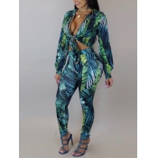 Trendy V Neck Printed Green Polyester Two-piece Pa