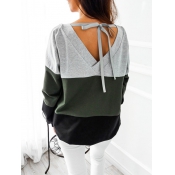 Leisure Round Neck Patchwork Green Cotton Blends T