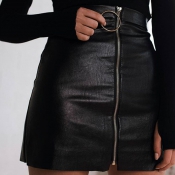 Trendy High Waist Zipper Design Black Leather Mini