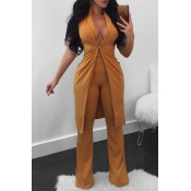Sexy V Neck Yellow Polyester Two-piece Pants Set