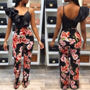 Sexy V Neck Falbala Design Black Polyester One-pie