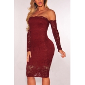 Sexy Dew Shoulder Lace Patchwork Red Sheath Knee L
