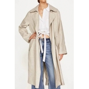 Leisure Turndown Collar Long Sleeves Beige Cotton 