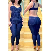 Sexy Backless Blue Denim One-piece Jumpsuits