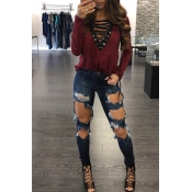 Sexy V Neck Long Sleeves Lace-up Hollow-out Wine R