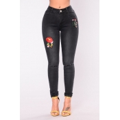 Stylish High Waist Embroidered Design Black Denim 
