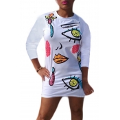 Leisure Round Neck Printed White Polyester Sheath 